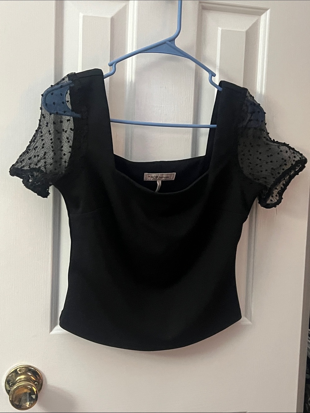 BCBGeneration Black Square Neck Top with Dotted Sheer Puff Sleeves